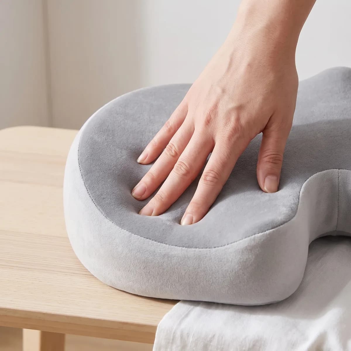 A hand pressing into the memory foam cushion on a wooden chair