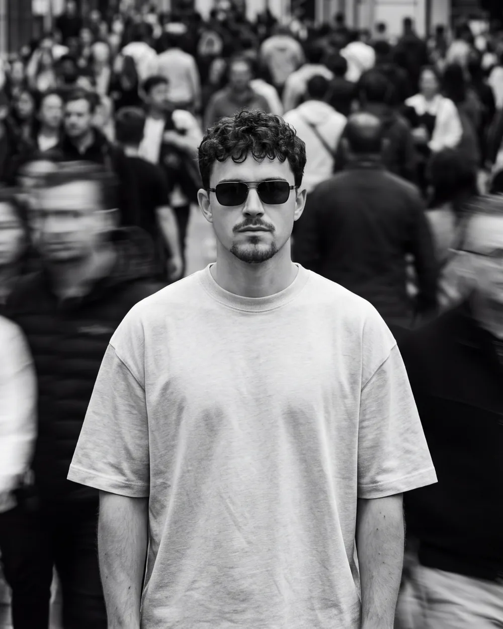 Marcus Volsted standing still and in focus while a crowd blurs past him