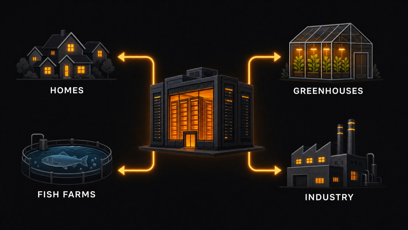 Once a heat pump lifts it to a useful temperature, the same heat that was a disposal problem becomes something homes, greenhouses, fish farms, and industry can actually use.