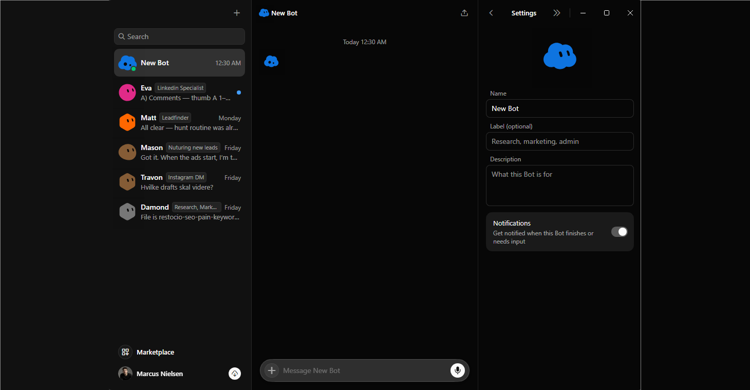 The actual screen. Type a name, add an optional label and description, and that's the whole setup form. Five bots already running on the left, each doing one job: a lead finder, an Instagram DM drafter, a LinkedIn specialist.